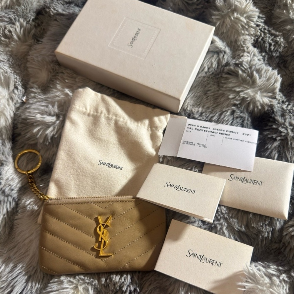 Saint Laurent YSL Cassandre Matelasse Key Pouch in Smooth Leather - Dark Beige